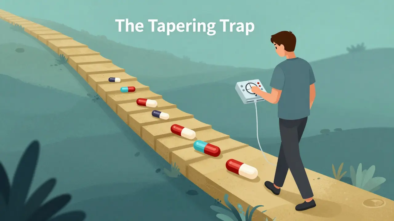 Person carefully adjusting medication while walking down a path of shrinking steroid pills.