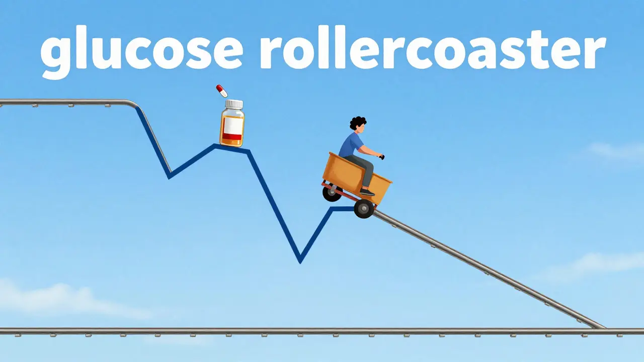 Person riding a rollercoaster shaped like a glucose graph to show blood sugar fluctuations.
